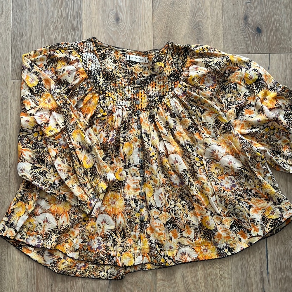Free People Black/Yellow Floral Embroidery Blouse